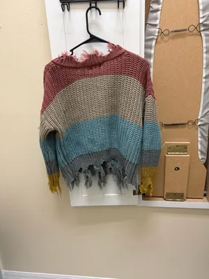 Poof Apparel Distressed Striped Chunky Knit V-Neck Sweater Size S thumbnail 3