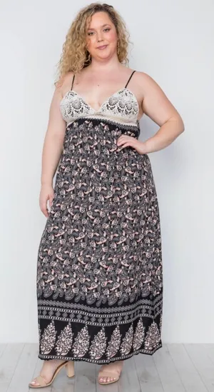 Ganji Paisley Crochet Spaghetti Strap Maxi Dress in Black/Cream Boutique NWT thumbnail 1