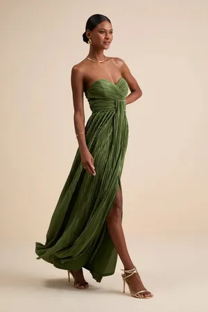 Oswin Olive Green Satin Plisse Strapless Maxi Dress thumbnail 4