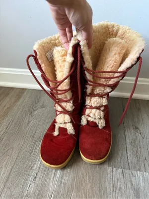 American Vintage Vintage 70s Leather Sherpa Wedge Chunky Eskimo Boots Red Teddy Winter Boots 8 thumbnail 2
