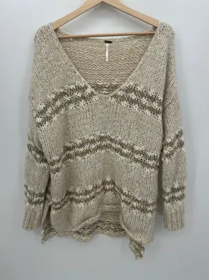 Free People Womens Cream Knit Chunky Oversized Sweater Fuzzy Size L Neutral Long thumbnail 1