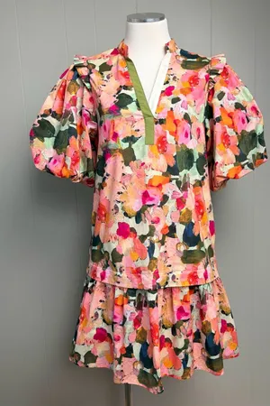 THML Floral Puff Sleeve Drop Waist Dress Pockets Small thumbnail 1
