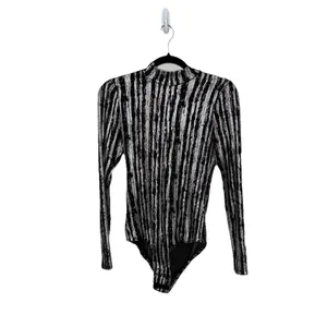 Luxxel Black Silver Metallic Knit Mock Neck Bell Sleeve Bodysuit Size Medium thumbnail 2