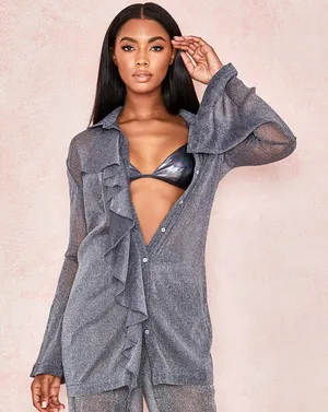 House of CB London Amiyah Gray Lurex Shirt Dress Sheer Ruffle Button-up XS thumbnail 1