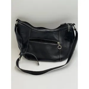 Genuine Leather Black Hobo Shoulder Bag White Stitching Crossbody Strap thumbnail 2