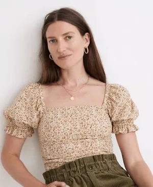 Madewell Hopewell-Puff Sleeve Crop Top In Cottage Garden- Sz Sm thumbnail 4