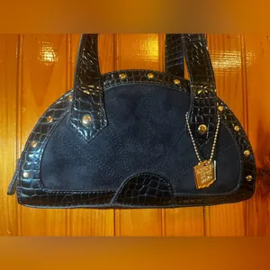 Deborah Lewis Studio Faux leather studded crescent shoulder bag suede panel Y2K thumbnail 5