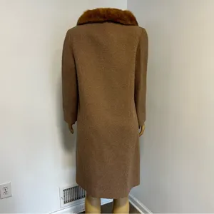 Vintage Double Breasted Wool Coat Real Fur Collar Camel Tan Textured 60s Retro‎ thumbnail 5