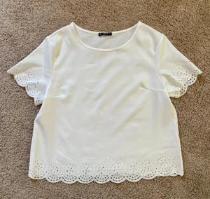 SHEIN Laser Cut Detailed Scalloped White Top, Large thumbnail 3