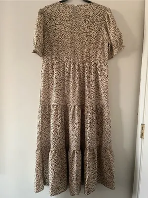 PRETTYGARDEN NWT Beige Brown Leopard Print Puff Sleeve Midi Dress Medium Romantic Modest thumbnail 7