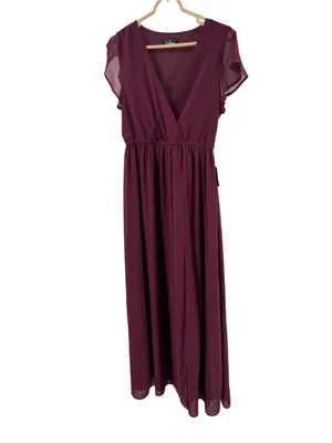 Lulus Lost in the Moment Burgundy Maxi Dress side slit S flutter sleeve bridesmaid thumbnail 2