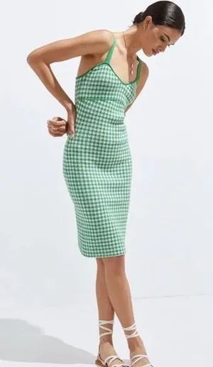 Anthropologie Maeve Gingham Green & White Knit Mini Mod Dress Sz M thumbnail 1
