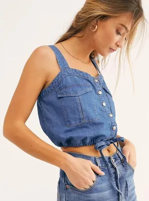 We The Free Denim Solid Camisole Blue Boho Snap Front Crop Top Size XS thumbnail 1