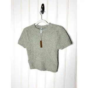SKIMS Cozy Knit T-Shirt Aqua Sage Green Fuzzy Cropped Top L/XL NEW thumbnail 2