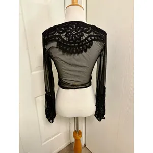 Akira Black Lace Up Sheer Bell Sleeve Gothic Boho Crop Top L5 thumbnail 4
