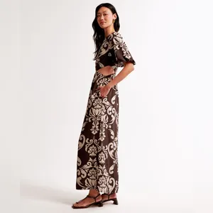 Abercrombie & Fitch Short Puff Sleeve Cutout Maxi Dress Brown Tan Floral Pattern thumbnail 3