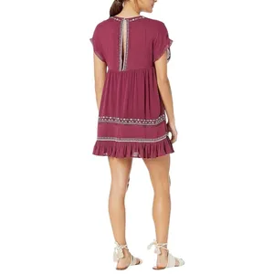 Free People Sleepless Summer Mini Dress XS Berry Burgundy‎ Embroidered Boho NWT thumbnail 2