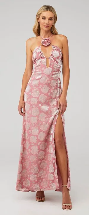 For Love & Lemons‎ Raya Pink Velvet Rosette Rose Floral Maxi Dress Size M thumbnail 1