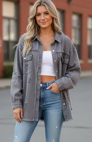 POL Women's Charcoal Distressed Fade Raw Jean Jacket Sz‎ Small Oversized Fit thumbnail 1
