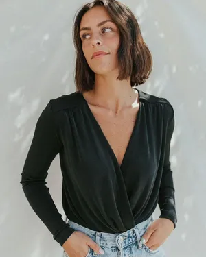 Free People Black Plunging V Neck Faux Wrap Long Sleeve Turnt Bodysuit NEW thumbnail 1