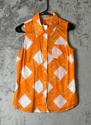 Boden Jaffa Painted Check Sleeveless Button Front Shirt Orange White Size‎ 6 New thumbnail 1