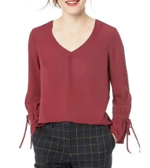 J. Crew Mercantile | Size 4 | Burgundy Red Top with Ruffle Bell Tie Sleeves thumbnail 2
