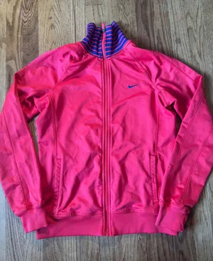 Nike Dri-FIT Womens Pink Track Jacket Full Zip Striped High Neck Small thumbnail 1