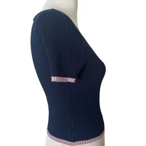 Ribbed Knit Cropped Baby Tee‎ Ruffle Edge Top S Navy Blue Pastel Stretch Indie thumbnail 8