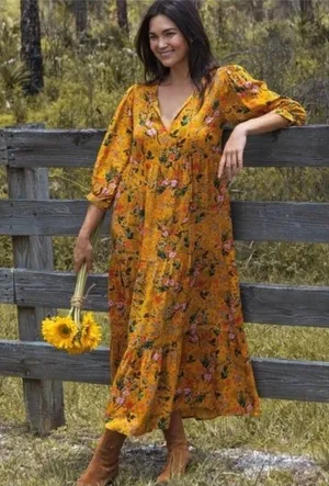 Natural Life Phoebe Maxi Dress Gold Yellow Boho Floral Women’s M oversized thumbnail 1