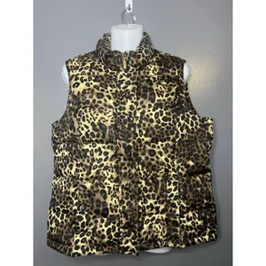 Charter Club Vest Womens Petite Medium Brown Leopard Print Quilted Puffer Zip thumbnail 2