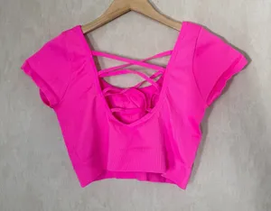 aerie Ribbed Crop Top Shirt Shortsleeve Back Criss Cross Straps in Pink Neon XXL thumbnail 1