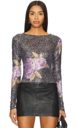 Free People Printed Gold Rush Sequin Top Long Sleeve Amethyst Combo XS NWT thumbnail 1