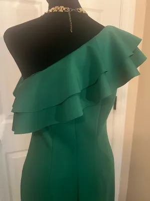 Green ruffle elegant cocktail wedding guest dress thumbnail 4