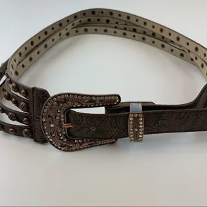 Western Genuine Leather Embossed‎ Studded Belt Vintage Rhinestone Buckle Brown L thumbnail 6