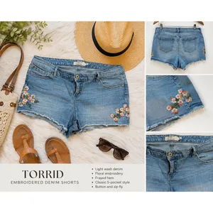 Torrid Denim Womens 18 Floral Embroidered Raw Hem Light Wash Jean Shorts Blue thumbnail 3