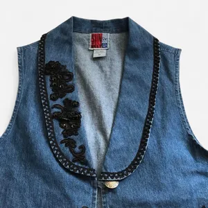 90s Vintage Western Embroidered navy blue jean denim jacket gilet vest black beading #countrychic #boho #indie Size M, Measurement in pics thumbnail 2
