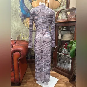 VTG Y2K Mesh Maxi Dress Psychedelic Swirl Print Long Sleeve Bodycon Grunge L thumbnail 4