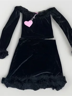 Dolls Kill Sugar Thrillz Black Velvet Feather Trim Matching Set NWT top S skirt XS thumbnail 1