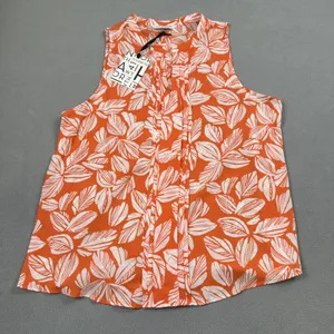 NWT 41 HAWTHORN Top Womens L Orange Sleeveless White Leaf Print Pleated Blouse thumbnail 1