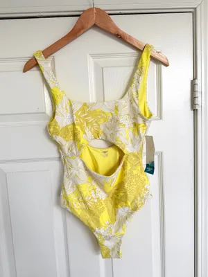 Speedo Floral Cut Out Bathing Suit Tropical Yellow White Size S NWT thumbnail 2