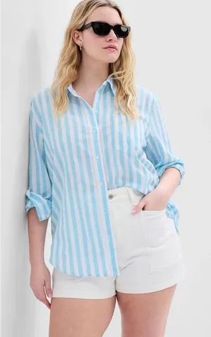 Gap Womens Sz Medium Linen Blend Easy Shirt Button Down Teal White Stripe Pocket thumbnail 1