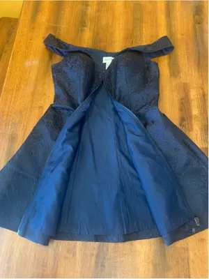 Sherri Hill Mini Dress Size 12 Navy Blue Off-Shoulder Zip Front Vintage style thumbnail 4