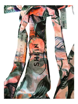 SHEIN Coral Pink and Forest Green Tropical Bikini Set with Sarong thumbnail 2