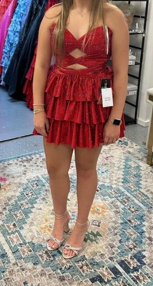 Sherri Hill Red Beaded Ruffle Mini Dress thumbnail 1