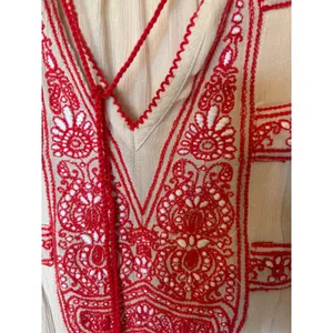 Free People Boho Embroidered Mini Dress Cream Red Tassel XS Peasant Gauze thumbnail 2