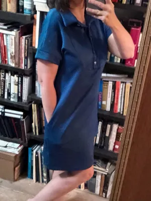 Amazon Boutique Royal Blue Textired Zig Zag Button Front Short Sleeve Mini Dress M thumbnail 3