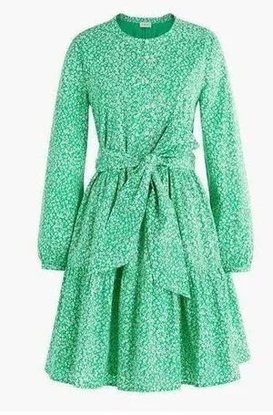J crew long sleeve tie waist green floral cotton shirtdress size XS thumbnail 1