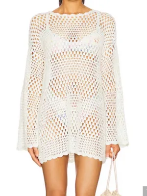 Show Me Your MuMu White Crochet Long-Sleeve Swim Coverup thumbnail 1