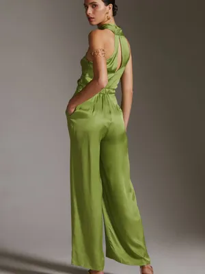 Women’s Anthropologie/DOLAN Green Satin Halter Jumpsuit Size: S thumbnail 3