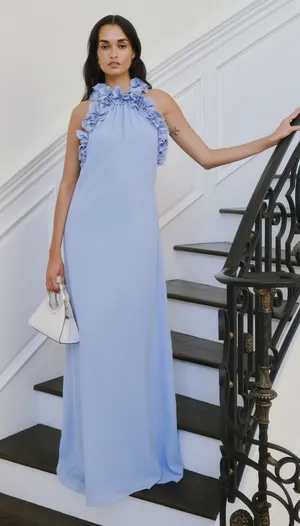 NWT Few Moda Marie Dress size Small S dusty blue ruffle maxi halter o.p.t thumbnail 1